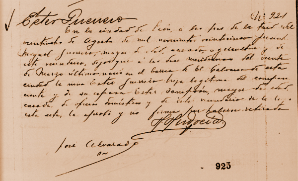 Asiento de nacimiento de doña Ester Guerrero Sampson Asiento de nacimiento de doña Ester Guerrero Sampson